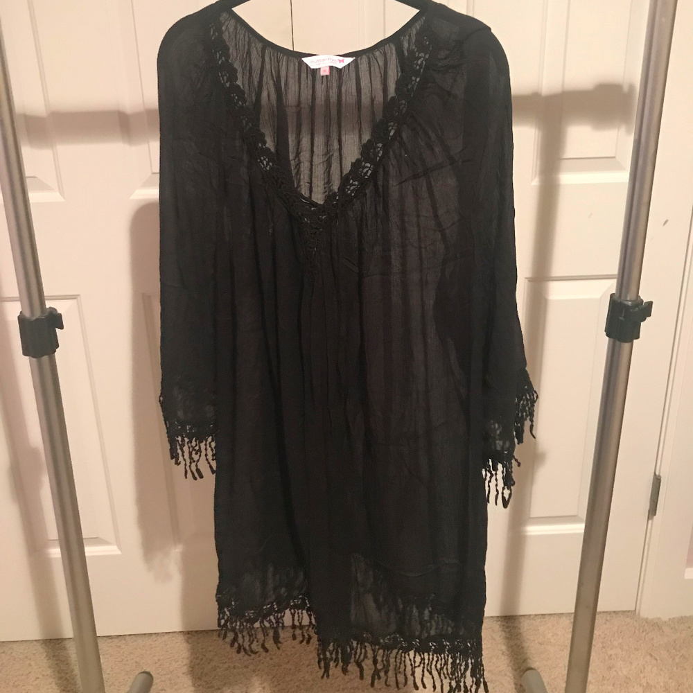Black Fringe-Detail Swim Cover-Up